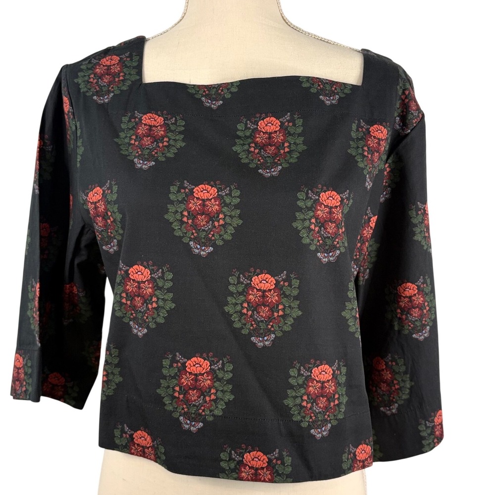 Double A Angie Top Small Terrace Floral Square Neck Cotton Blouse NWT S